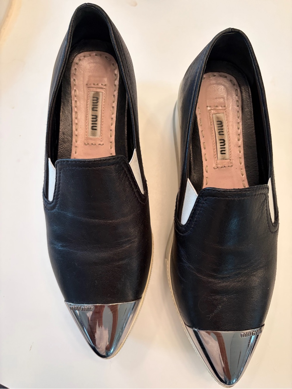 Miu Miu Black Leather Slip-On Platforn Sneakers with Silver Toe Cap - Picture 3 of 8